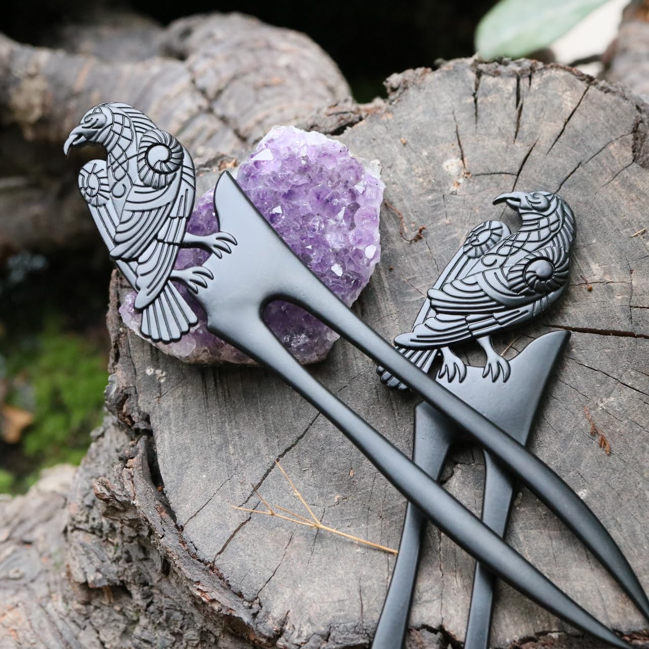 2pack U Shaped Viking Raven Metal Hair Prong Forks French Hair Styling Pins Black Wicca Witch Sticks Renaissance Festival Acceossories for Women Perfect for Thick Hair