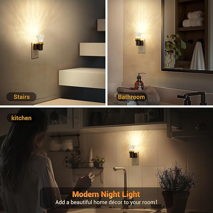 JandCase Night Lights Plug into Wall, Dimmable Night Light Pulg in, Diamond Automatic Night Lights with Auto Light Sensor, Adjustable Brightness 3000K LED Night Light, for Bedroom Hallway