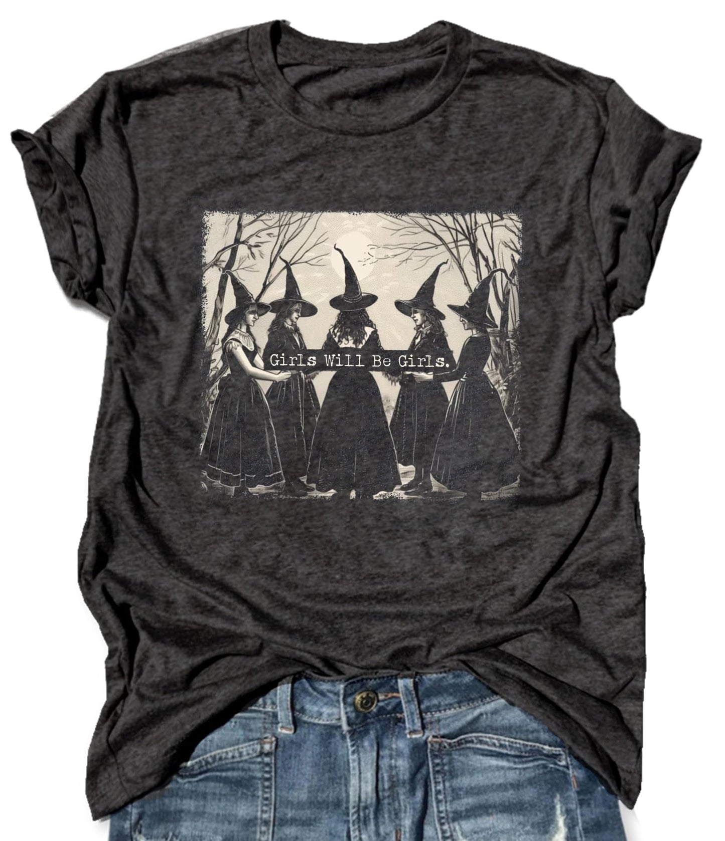 Halloween Shirts for Women Girls Will Be Girls Halloween Shirts Vintage Witch Shirt Casual Funny Halloween Party Shirt (L, Girls-Dark Grey)
