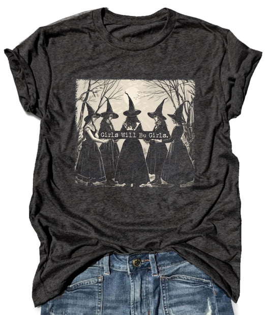 Halloween Shirts for Women Girls Will Be Girls Halloween Shirts Vintage Witch Shirt Casual Funny Halloween Party Shirt (L, Girls-Dark Grey)