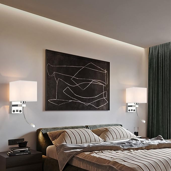 Sconces Wall Lighting Hardwired Modern Wall Lights for Bedroom with USB Port and Reading Lamp, Bedside Wall Lamps for Hotel, Living Room, Office (Silver)