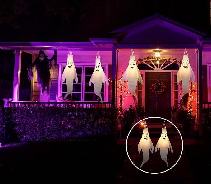 Halloween-Decorations-Outdoor Hanging-Ghost Windsocks for Trees with Timer, LED Ghosts to Hang in Tree Porch Yard, Waterproof, Timer,2 Pcs (No Batteries)