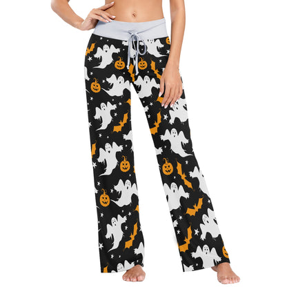 Fisyme Pumpkin Ghost Halloween Pajama Pants for Women Soft Comfy Pjs Bottoms Drawstring Wide Leg Lounge Jogger Yoga Sweat Pants Sleepwear