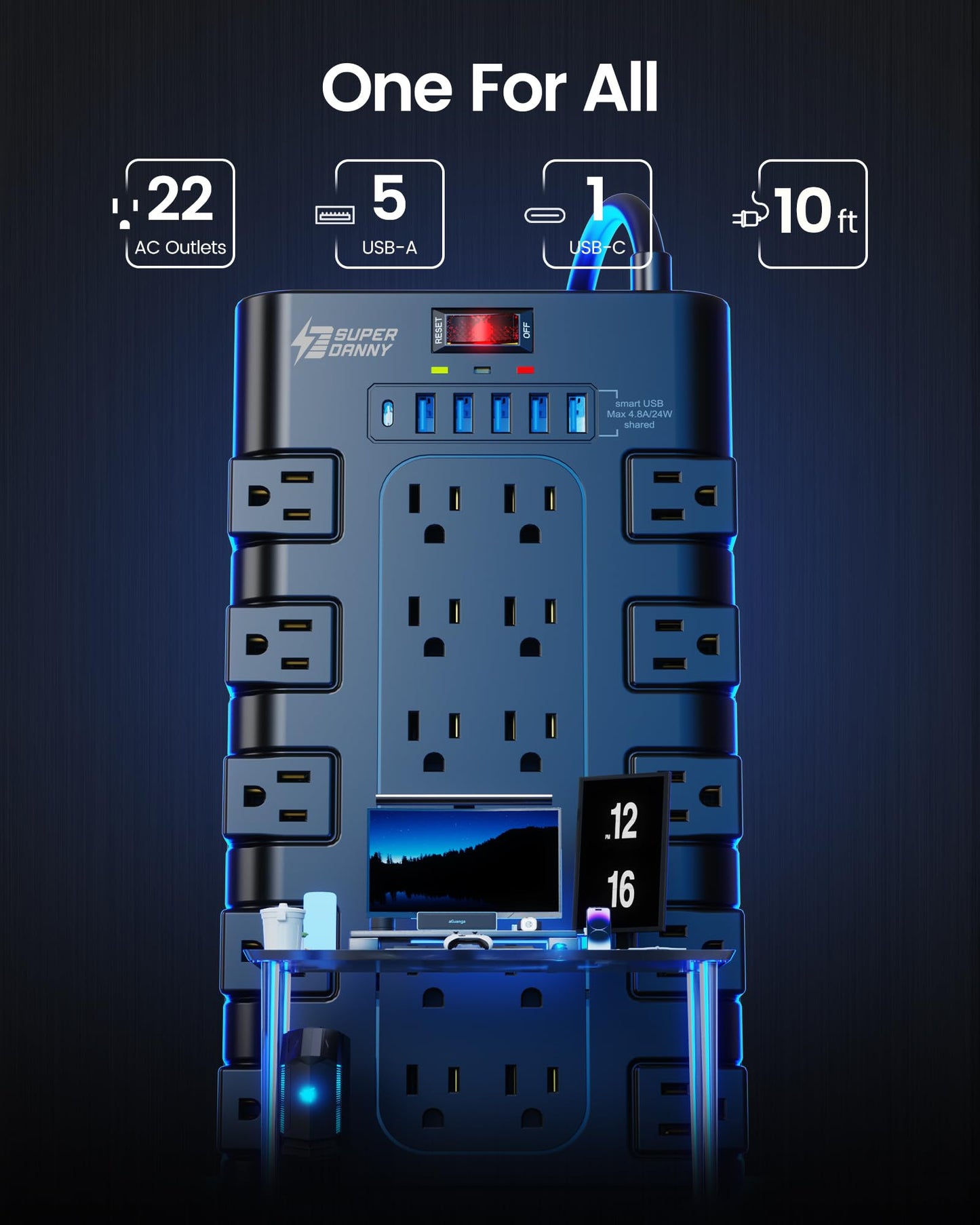 Power Strip, SUPERDANNY Surge Protector with 22 AC Outlets and 6 USB Charging Ports, 1875W/15A, 2100 Joules, 6.5Ft Flat Plug Heavy Duty Extension Cord for Home, Office, Dorm, Gaming Room, Black