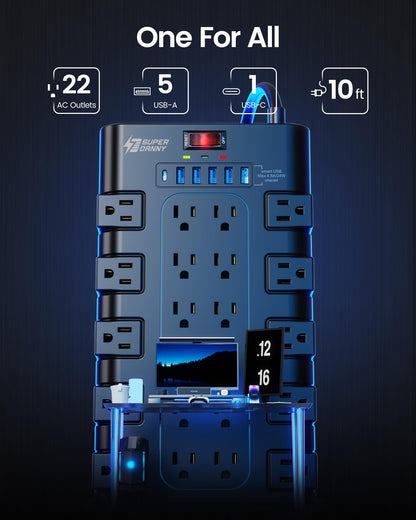 Power Strip, SUPERDANNY Surge Protector with 22 AC Outlets and 6 USB Charging Ports, 1875W/15A, 2100 Joules, 6.5Ft Flat Plug Heavy Duty Extension Cord for Home, Office, Dorm, Gaming Room, Black