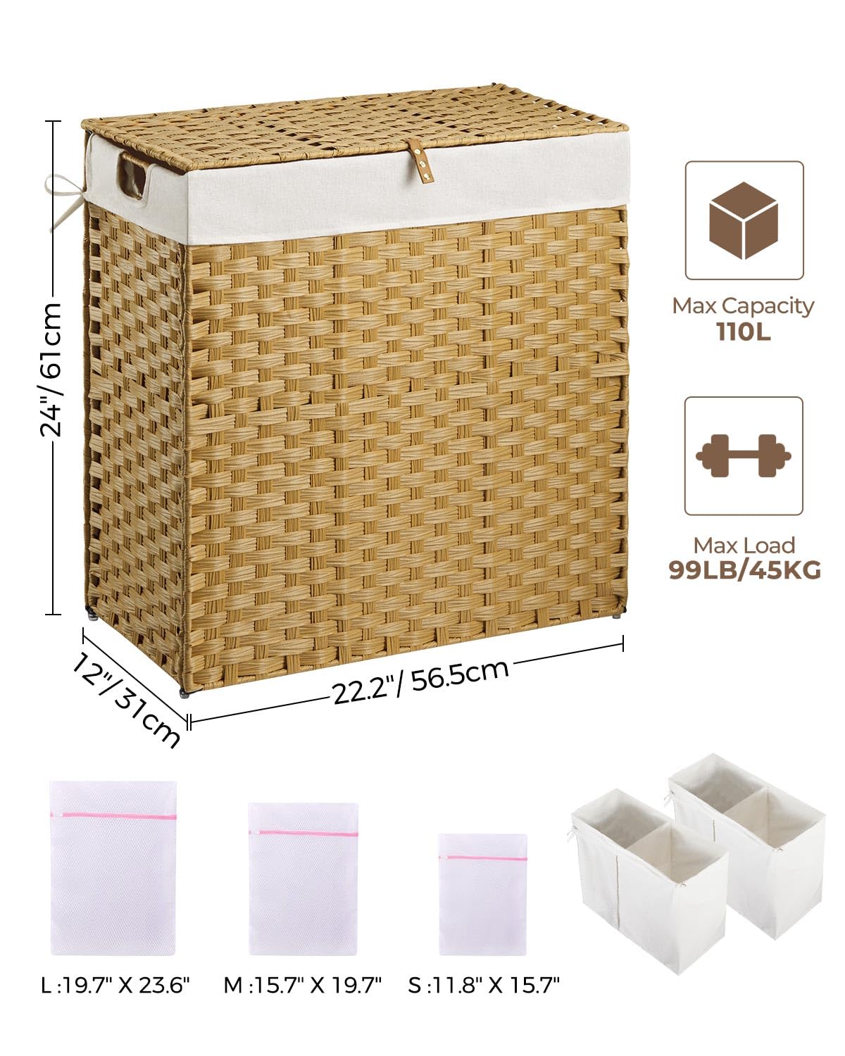 Greenstell Laundry Hamper with lid, No Install Needed, 110L Wicker Laundry Baskets Foldable 2 Removable Liner Bags, 2 Section Clothes Hamper Handwoven Rattan Laundry Basket with Handles, Natural