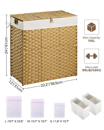 Greenstell Laundry Hamper with lid, No Install Needed, 110L Wicker Laundry Baskets Foldable 2 Removable Liner Bags, 2 Section Clothes Hamper Handwoven Rattan Laundry Basket with Handles, Natural