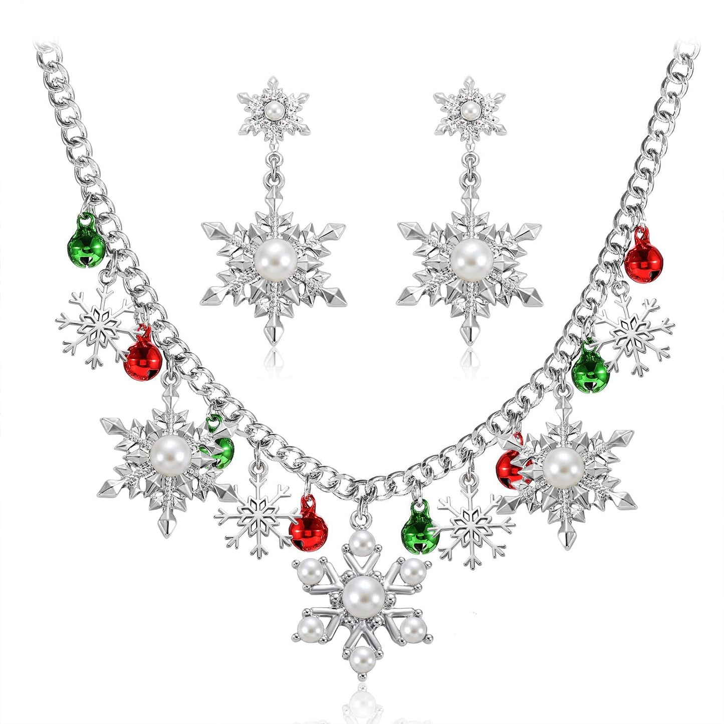 NLCAC Christmas Necklace Pearl Snowflake Collar Necklace with Snowflake Drop Earrings Santa Holiday Novelty Jewelry for Women (Pearl Snowflake)