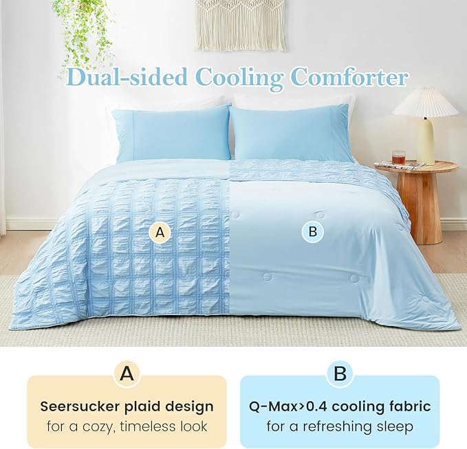 Cozy Bliss Cooling Comforter Full Size Seersucker Plaid, Q-Max 0.4 Reversible Lightweight Cooling Blanket, Breathable Silk Smooth Summer Bedding Quilt for Hot Sleepers Night Sweats Blue