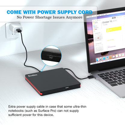 Rioddas External CD Drive, USB 3.0 Portable CD/DVD +/-RW Drive Slim DVD/CD ROM Rewriter Burner for Laptop Desktop PC Windows and Linux OS Apple Mac Macbook Pro