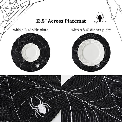 Feuille Round Halloween Placemats Set of 4 13.5 Inch Spider Web Placemats for Round Tables Black and White Spider Placemats Perfect for Halloween Decorations Indoor