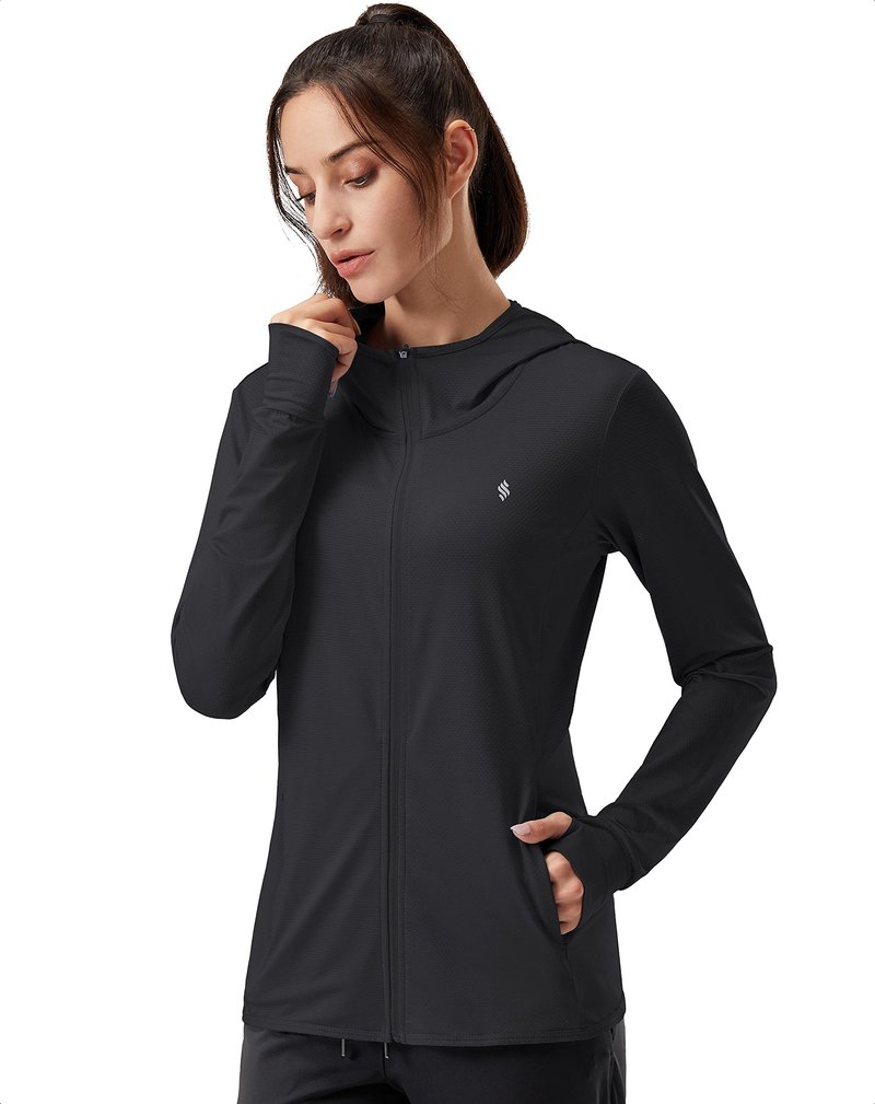 Soothfeel Women's UPF 50+ Sun Protection Hoodie Jacket Lightweight Long Sleeve Sun Shirt for Women with Pocket Hiking Outdoor A-Black