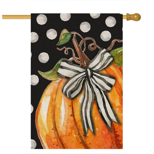 Fall Pumpkin House Flag for Outdoor 28x40 Double Sided,Seasonal Pumpkin with Bowknot White Dots Yard Flags for Outside,Holiday Decorative House Flag for Thanksgiving Farmhouse Autumn Décor
