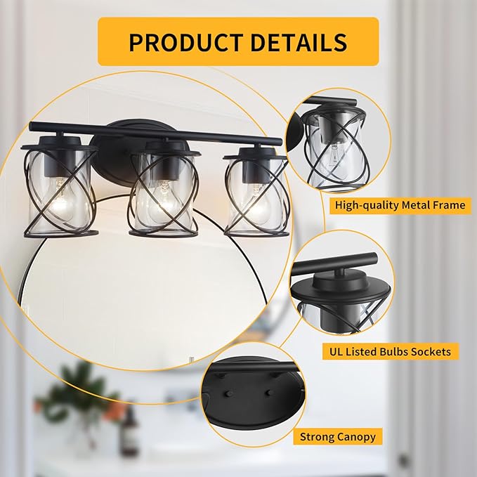 mavcadonf 3-Lights Bathroom Vanity Lights, Bathroom Light Fixtures Over Mirror, Matte Black Vanity Light, Farmhouse Wall Lights with Clear Glass Shade, Bathroom Wall Lamp for Mirror Kitchen Bedroom