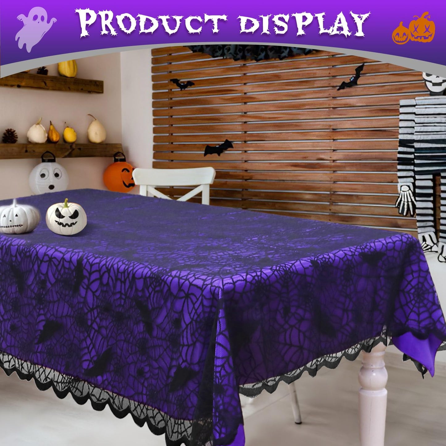OurWarm 2PCS Halloween Tablecloth, Rectangular Polyester Black Lace & Purple Lined Tablecloth, Spider Web Table Cover for Scary Halloween Table Decorations, 60 x 84 Inch