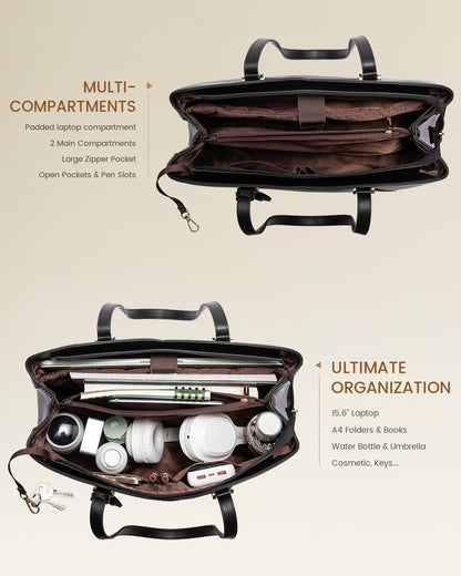 LOVEVOOK Laptop Tote Bag for Women, Work Bags Laptop Bag Teacher Tote Bag, Leather Computer Bag Large Purses Handbag Professional Briefcase, Black, Fits 15.6 Inch Laptop, Black