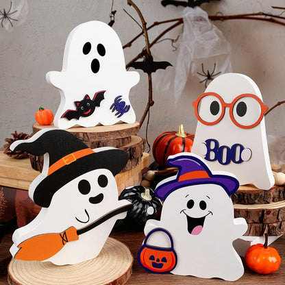 AKEROCK Cute Halloween Decorations Indoor - Halloween Decor/Ghost Decor, 4 PCS Wooden Ghost Halloween Signs for Table, Office Desk, Tiered Tray, Fireplace Mantle - Spooky Halloween Ghost Decorations