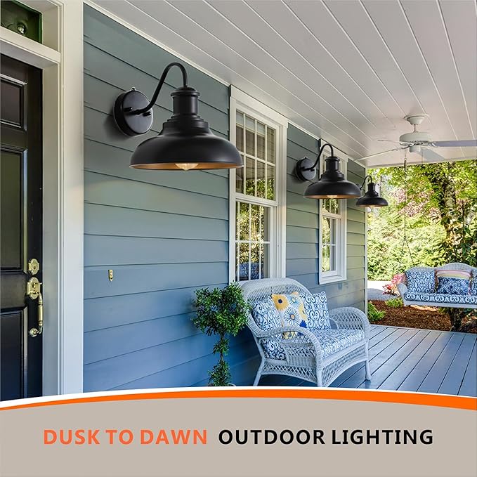 Dusk to Dawn Outdoor Lighting,12'' Diameter Large Black Barn Lights with Gooseneck,Exterior Farmhouse Wall Mounted Light,Vintage Outside Sconce,Anti-Rust Waterproof Porch Light for House Garage