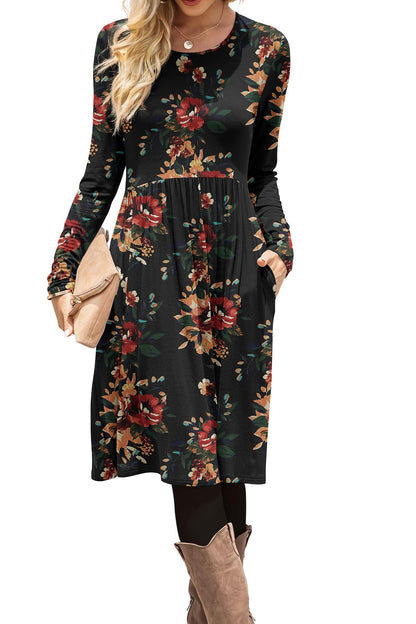 DB MOON Women Casual Long Sleeve Dresses Empire Waist Loose Dress with Pockets (Brown Floral Black, S)