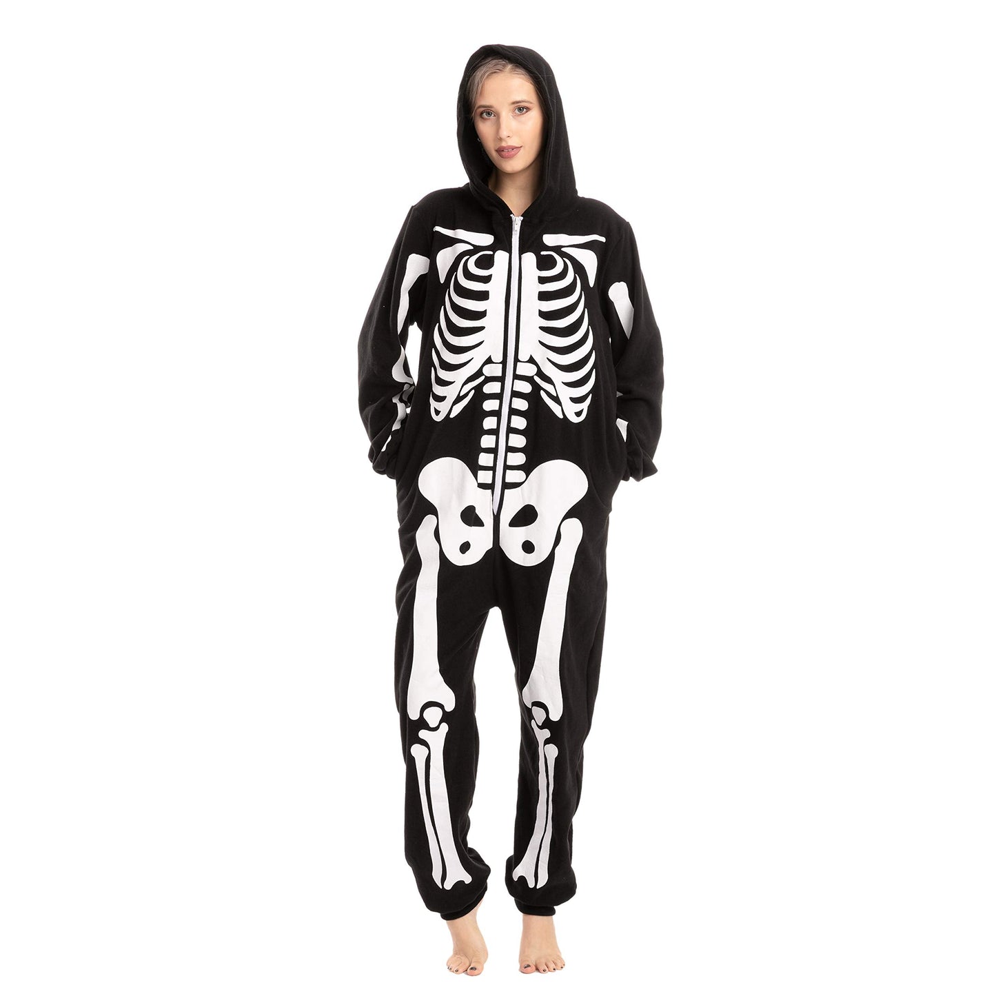 Spooktacular Creations Halloween Skeleton Pajama, Adult Skeleton Costume, Unisex Adult Jumpsuit Plush Hoodie, One-piece Zipper Pajama for Men Women Halloween Dress-up Cosplay Costume Themed Parties