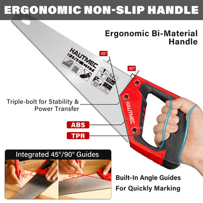 HAUTMEC 14" Universal Hand Saw, 11 TPI Fine Cut Wood Saw with Hardened Triple-Ground Teeth & Bi-Material Ergonomic Handle, Compact Handsaw for Wood, Plastic, PVC, Laminate & Branch Cutting – HT0024