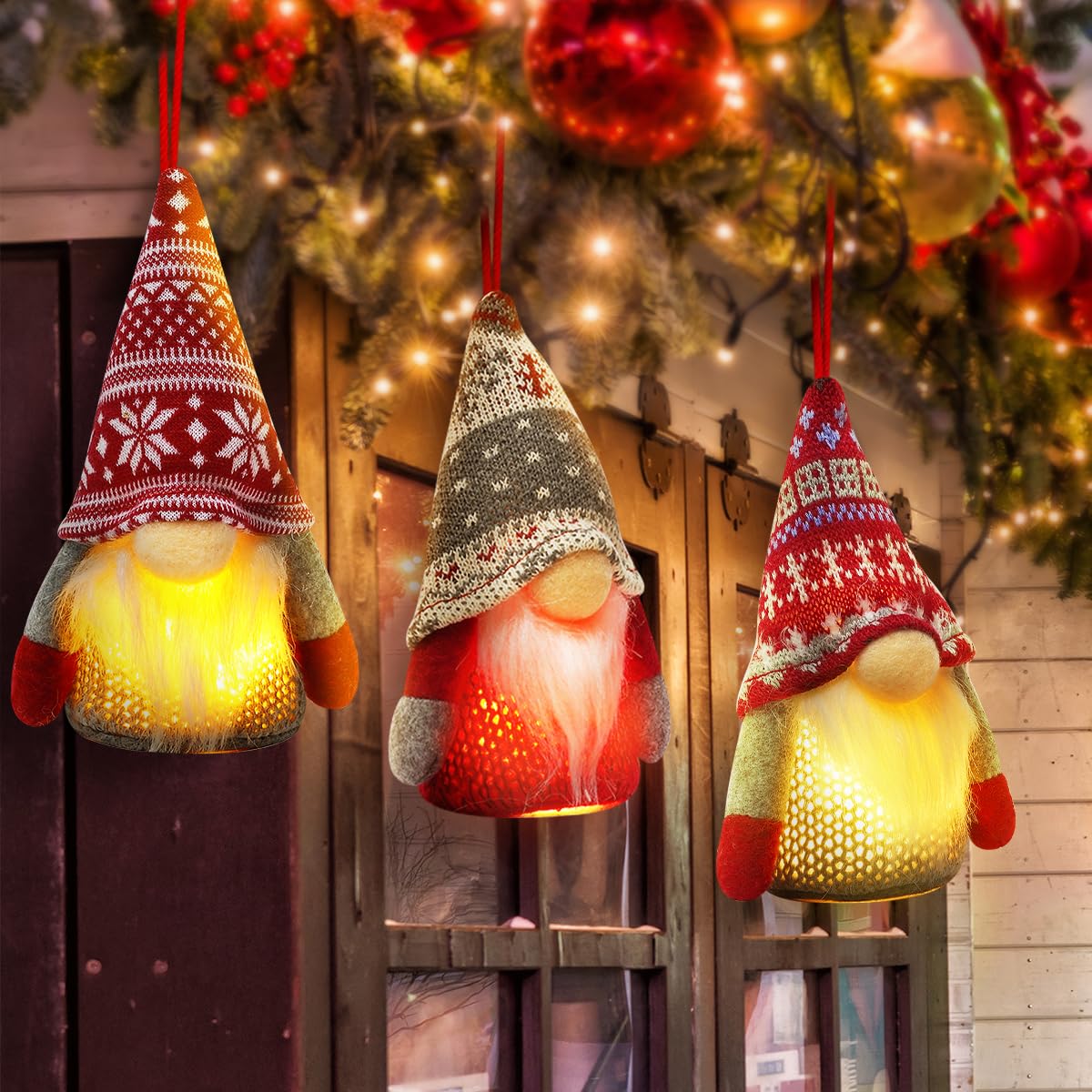 Christmas Gnome Ornaments, 4 Pack Christmas Tree Decorations Handmade Swedish Santa Gnomes Ornaments Lights Scandinavian Plush Elf Table Home Decor, Christmas Tree Hanging Decoration
