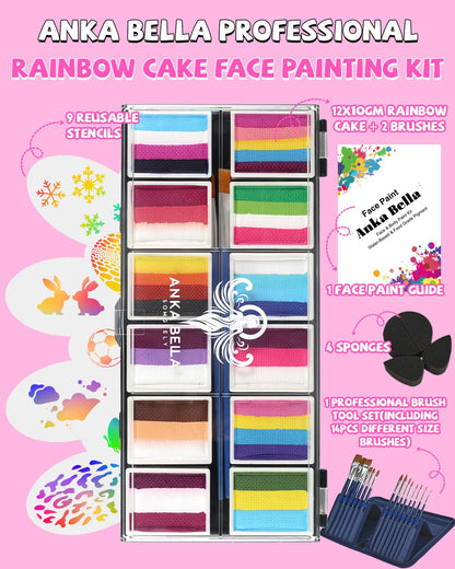 Anka Bella Professional Face Painting Kit for Kids,12X10gm Water Activated Rainbow Cake Face Paint with Stencil & Brushes,Hypoallergenic & Non-Toxic,Gift for Birthday Parties/Halloween/Carnival