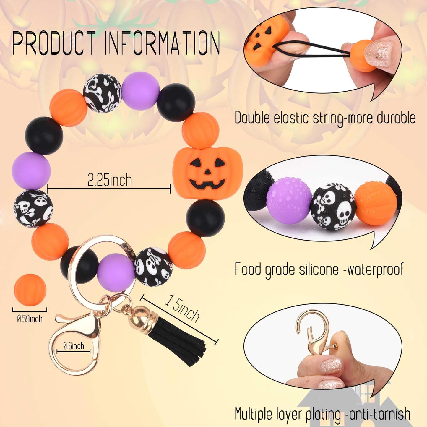 BAOSIWA Silicone Beaded Keychain Wristlet Key Ring Bracelet Halloween Pumpkin Car Key Chain Holder Gifts for Women Girls