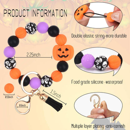 BAOSIWA Silicone Beaded Keychain Wristlet Key Ring Bracelet Halloween Pumpkin Car Key Chain Holder Gifts for Women Girls