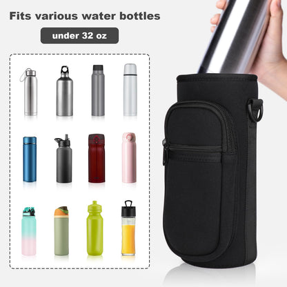 Bstge Water Bottle Holder with Strap, Water Bottle Carrier Bag with Phone Pocket, Shoulder Hand Strap Insulated Neoprene 32 oz Water Bottle Sleeve for Walking Hiking Camping Gym(black)