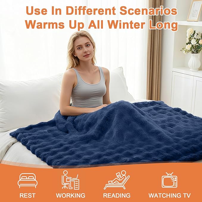Heated Blanket Electric Throw Blanket 62''X 84''-Heating Blanket with 6 Heat Settings-10 Hours Auto Off,Cozy Faux Rabbit Fur Bubble Electric Blanket,Navy Blue