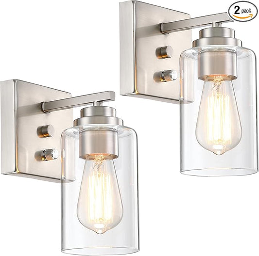 Pia Ricco Wall Sconces Set of 2, Bedside Wall Lamp with Switch for Bedroom, Modern Bathroom Light Fixture with Clear Glass Shade, Brushed Nickel Sconces Wall Lights for Living Room, Hallway, Kitchen