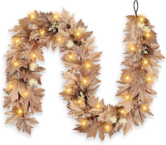 9 FT Fall Garland with Lights Timer Function Autumn Fall Leaves Garland with Berries Pine Cones Pumpkins Realistic Automatic ON/Off Timer Fall Decorations for Home Mantle Fireplace Porch Table