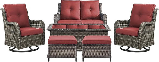Rilyson Wicker Patio Furniture Set - 6 Piece Rattan Outdoor Sectional Conversation Sets with 2 Swivel Rocking Chairs,2 Ottomans,1 Loveseat and 1 Coffee Table for Porch Deck Garden(Mixed Grey/Red)