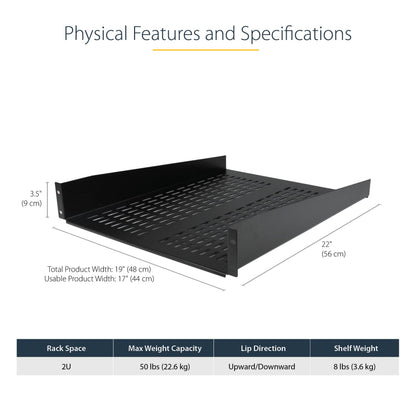StarTech.com 2U Server Rack Shelf - Universal Vented Rack Mount Cantilever Tray for 19" Network Equipment Rack & Cabinet - Heavy Duty Steel - Weight Capacity 50lb/23kg - 22" Deep Shelf (CABSHELF22V)