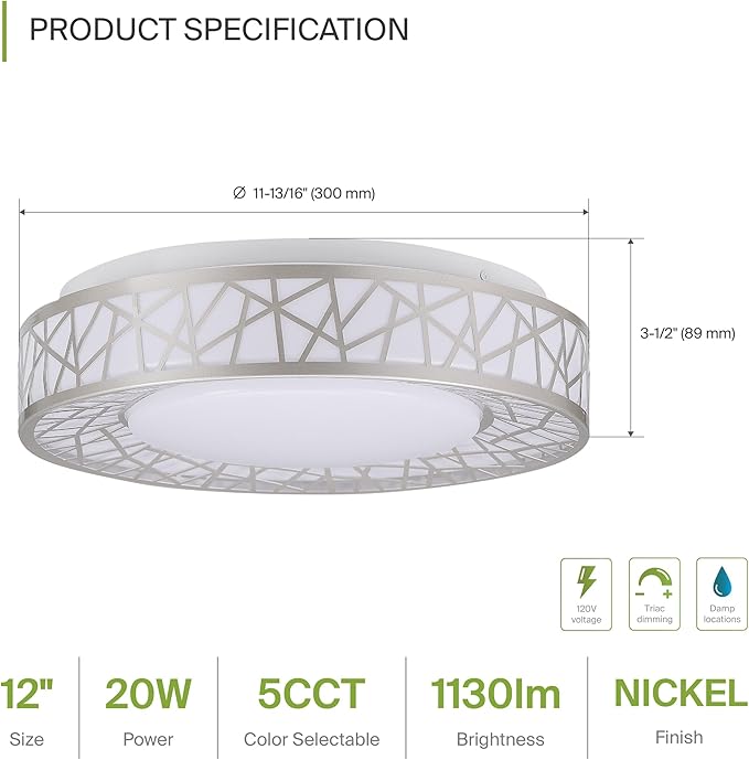ASD 12 Inch LED Flush Mount Ceiling Light Fixture for Bedroom, 20W 1130LM 5CCT 2700K-5000K, Dimmable Lights, Dining, Living Room, Kitchen Lamps, Modern Home Lighting Fixtures, Nickel, ETL, 4 Pack