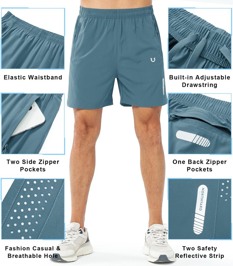 NORTHYARD Men's Athletic Running Shorts Gym Workout 7"/9"/5" Quick Dry Lightweight Sports Basketball Tennis 3 Zipper Pockets GREYBLUE-5inch 2XL