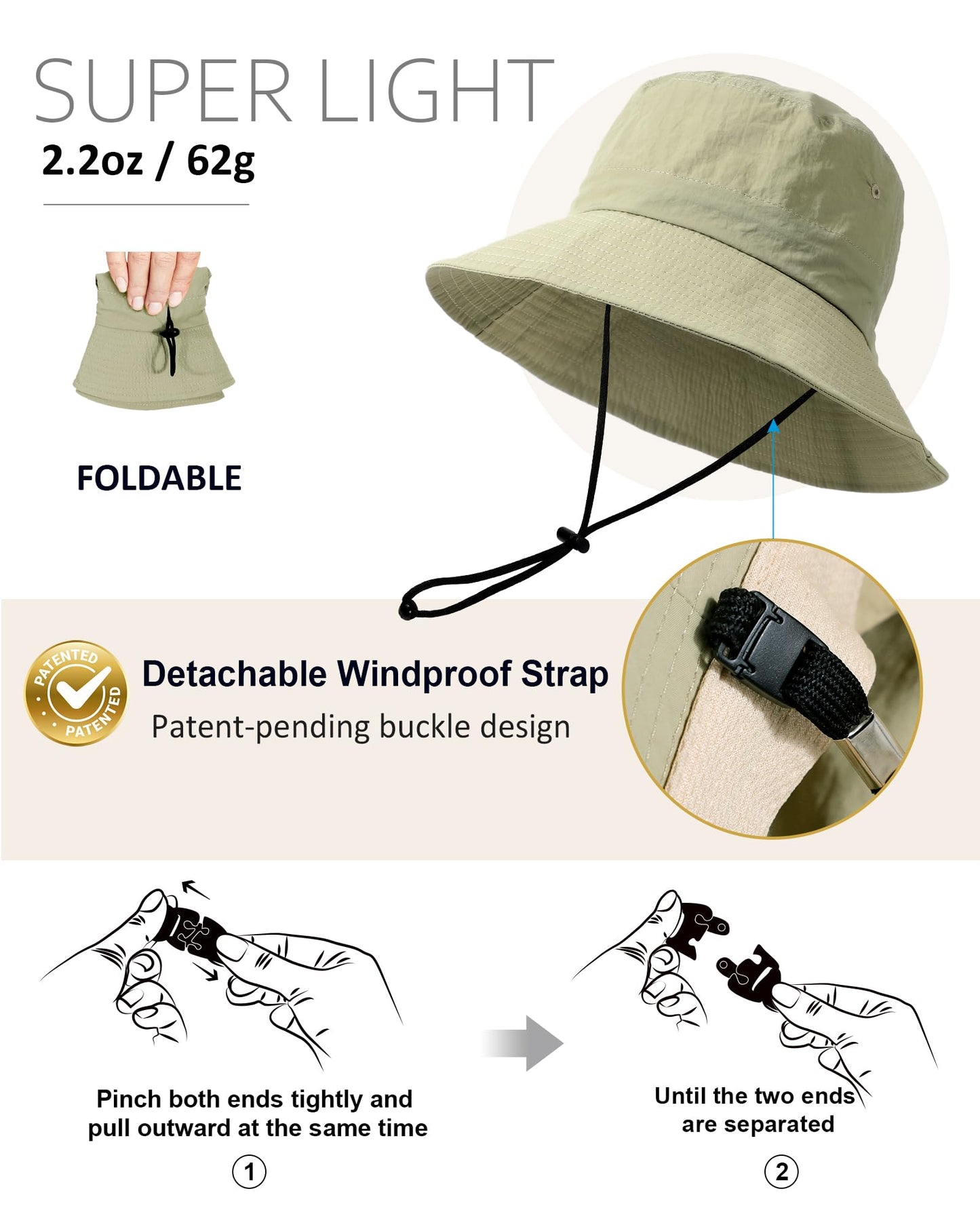 Water-Resistant Bucket Hat for Women Men Rain Hat UPF 50+ Boonie Sun Hat Foldable Summer Floppy Fishing Safari Hats Light Green