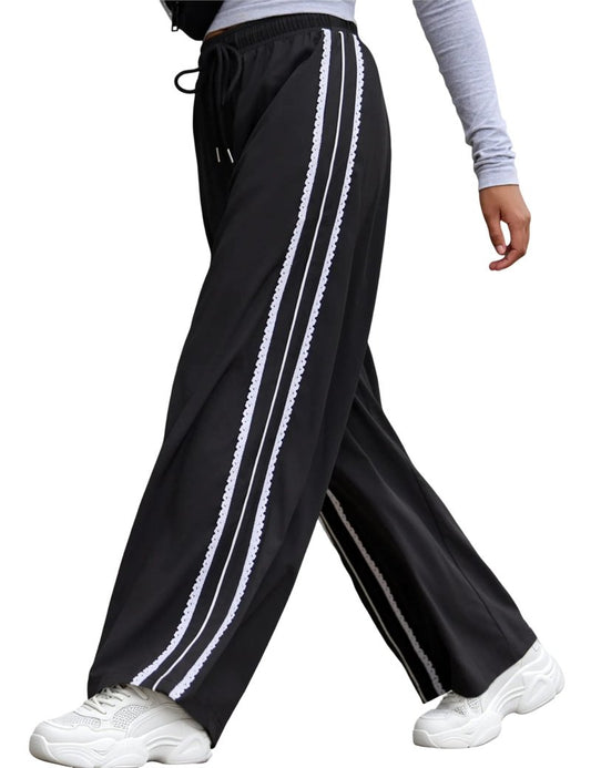 Yeokou Women's Wide Leg Sweatpants Side Stripe Crochet Slip on Drawstring Casual Running Track Palazzo Pants with Pockets