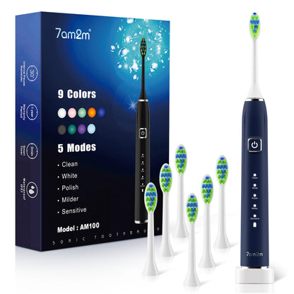 7AM2M Sonic Electric Toothbrush with 6 Brush Heads for Adults&Kids, One Charge for 120 Days, Wireless Fast Charge, 5 Modes, 40000VPM Powered Toothbrush, 2 Minutes Built in Smart Timer (Black)