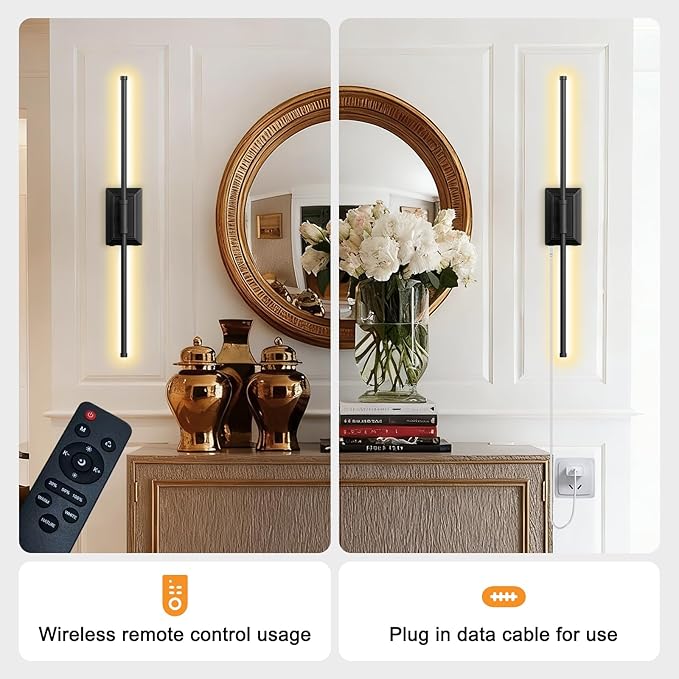 Battery Operated Wall Light Set of 1 - Black Picture Wireless Led Plug In Walls Sconce Fixture Indoor - Art Decor Bathroom Sconces Rechargeable - Modern Bedroom Cordless Lights Fixtures with Remote