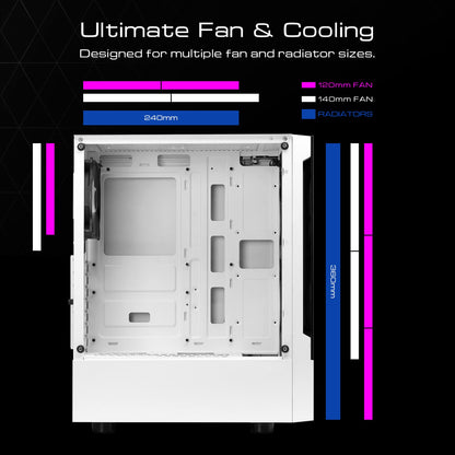 GAMDIAS White RGB Gaming ATX Mid Tower Computer PC Case with Side Tempered Glass Panel and a Magnetic Dust Filter & 3 Built-in 120mm ARGB Fans