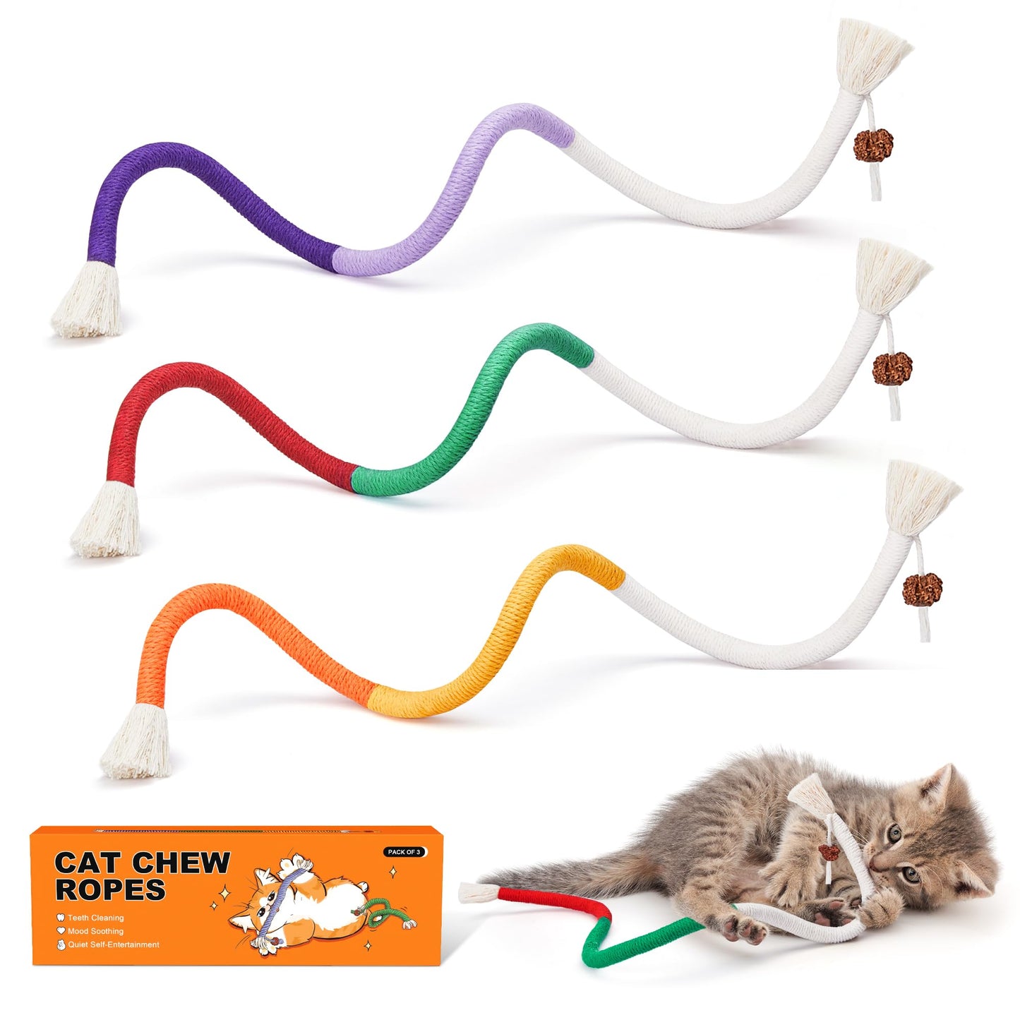 Potaroma Cat Toys Chew Ropes 3Pcs with Refillable Natural Catnip, Safe Teeth Cleaning Toy for Indoor Kittens, Interactive Cat Nip Kitty Toys for All Breeds 19.5 Inches