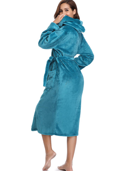 Vlazom Dressing Gown, Flannel Soft Bathrobe Cosy Robes Fluffy Winter Hooded Housecoat for Women/Men, Peacock Blue-with Hooded, 43813