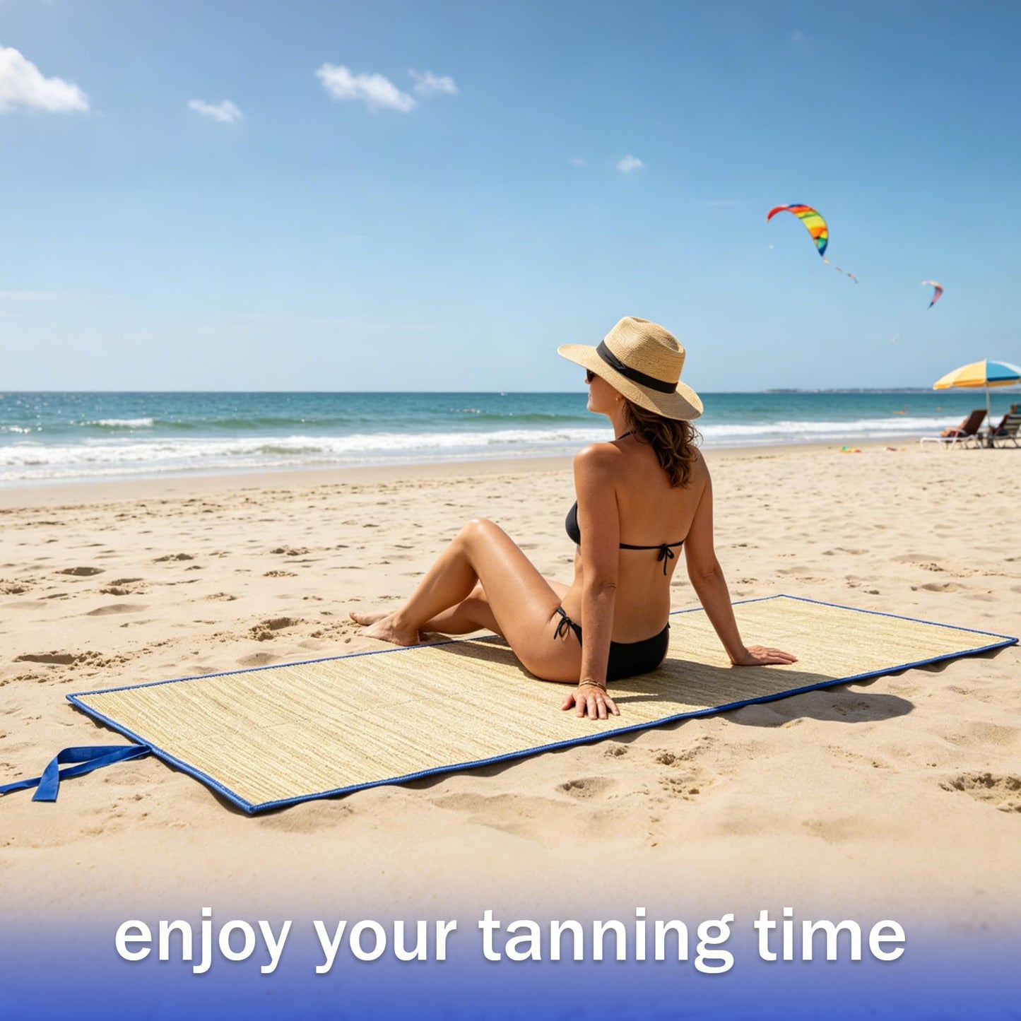 BOUTICOL 4 Pack Natural Straw Beach Mat, Multi-Purpose Non Slip Foldable Beach Mat with Trim and Portable Handle for Summer Tanning Camping Picnics Floor Yoga Festivals Outdoor Activities
