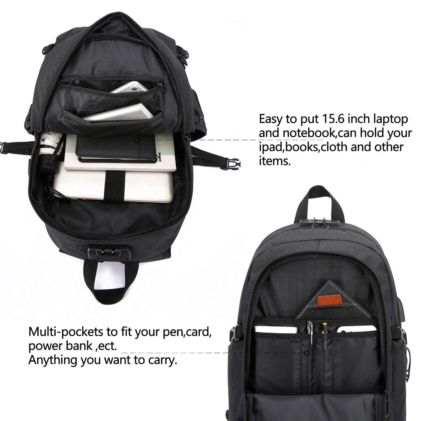 Anti-Theft Laptop Backpack,Business Travel Backpack Bag with USB Charging Port Lock,Water Resistant College School Computer Rucksack Work Backpack for Mens Womens Fits 15.6 Inch Laptop-Black