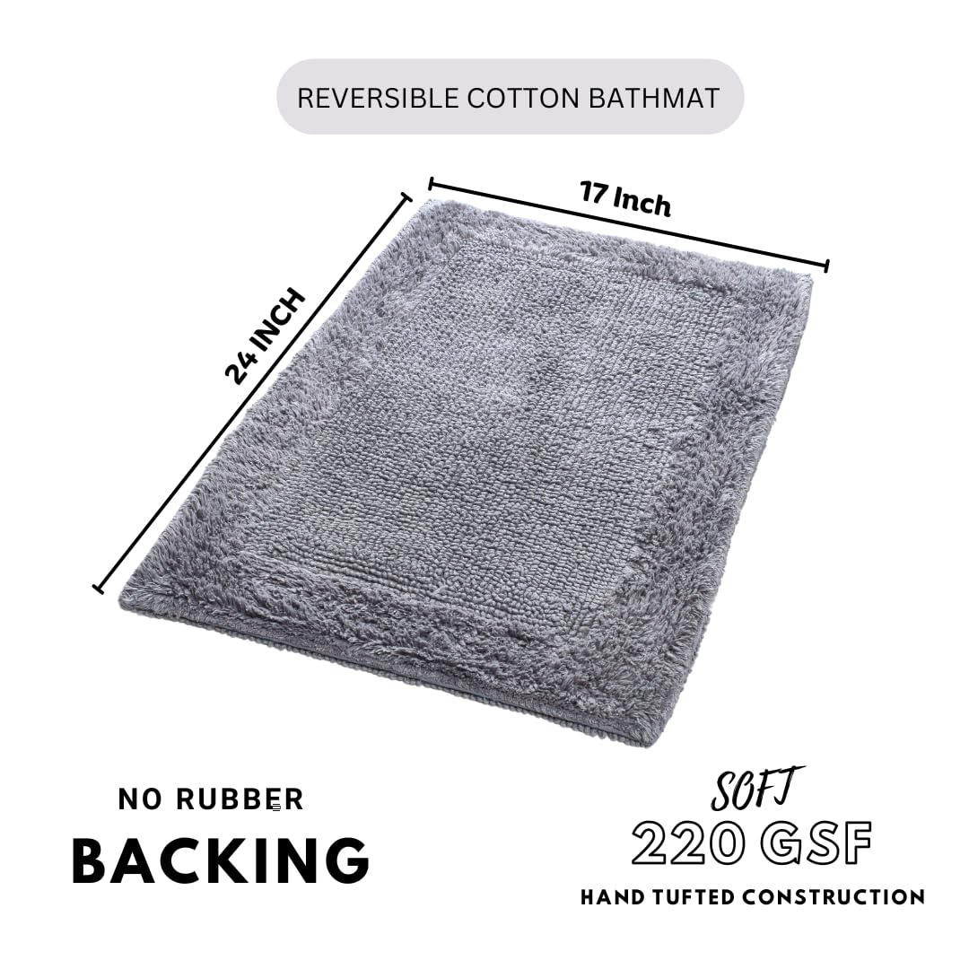 Bath Mat Rug 17x24" Rectangle Charcoal Grey, 100% Pure Cotton, Super Soft Reversible Bath Rug For Bathroom, Plush & Absorbent, Hand Tufted Heavy Weight Construction, Full Reversible Step Out Rugs