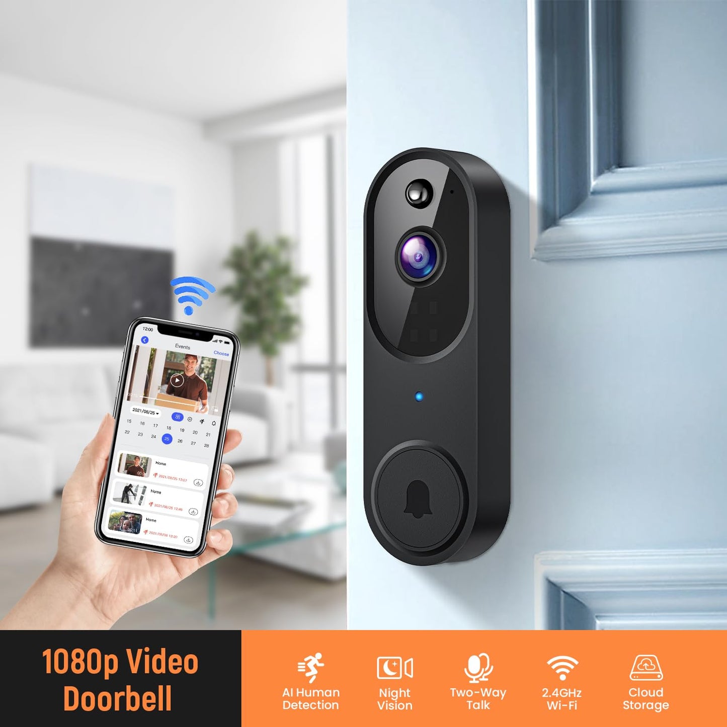 GridTera Smart Video Doorbell Camera Wireless, AI Human Detection and Instant Alerts, Night Vision, 2-Way Audio, Battery Powered, Cloud Storage Sold Seperately, 2.4G WiFi (Chime Included)