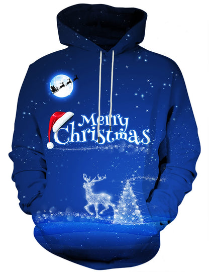 Yasswete Mens Hoodies Graphic 3D Christmas Sweatshirts Unisex Blue Pullover Hooded Hoody for Women Cool Sweaters Clothes Shirt for Winter Size Medium