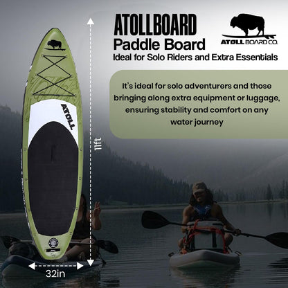 Atoll Inflatable Paddle Board with Premium SUP Stand Up Paddle Board Accessories & Back Pack, Non-Slip Comfort Deck for Unisex Adult - 11ft (Army Green)